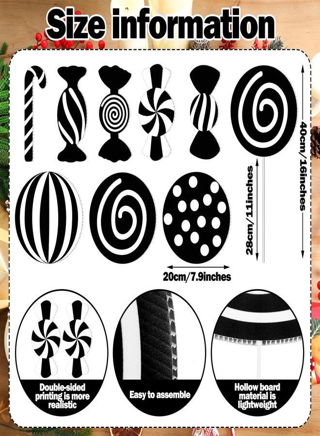 Yuntau 16 Pcs 8" Large Black and White Candy Christmas Decorations Peppermint Lollipop Photo Prop Ornaments Candy Cane Tree Picks for Xmas Tree Hollow Board Indoor Christmas Holiday Vase Wall Decor - Image 5